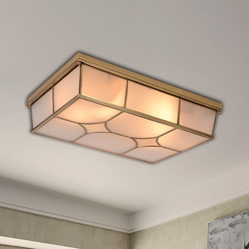 3/6 Lights Frosted Glass Flush Ceiling Light Classic Brass Rectangle Bedroom Flush Mount Lamp