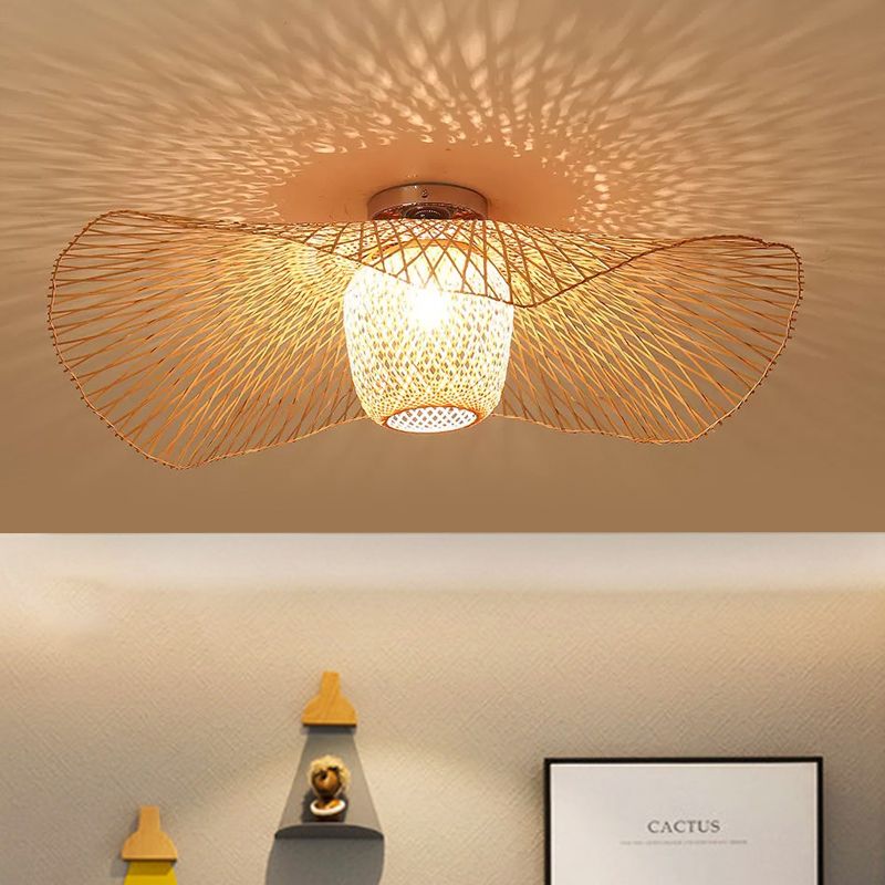 Modern Stylish Floppy Hat Flush Mount Bamboo Weaving 1-Light 25.5"/29.5" Wide Clothing Store Ceiling Light Fixture in Wood