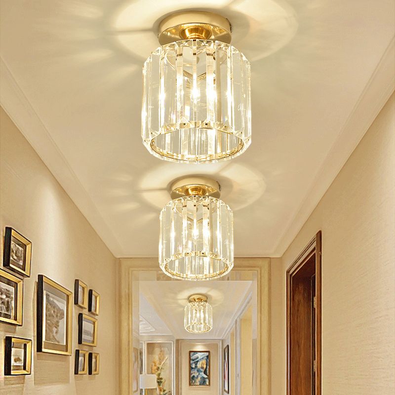 1-Light Crystal Flush Cylinder Shade in Gold and Clear Ceiling Flush