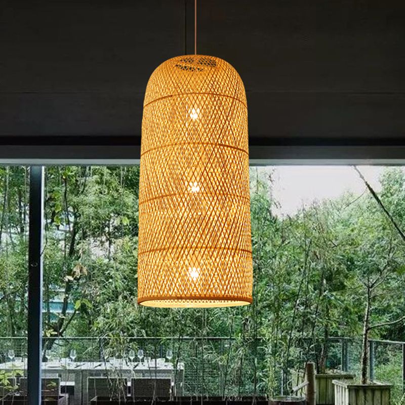 Bell/Bowl/Bottle Hallway Drop Pendant Criss-Cross Woven Bamboo Single-Bulb Asian Hanging Lamp in Beige