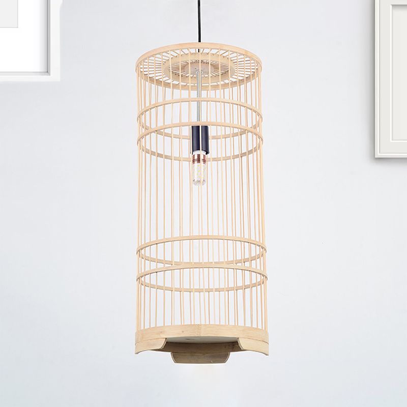 Cylindrical Shade Hanging Light Asian Style Bamboo 1-Bulb Beige Pendant Lamp for Dining Room