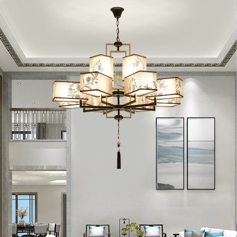 Rustic Embroidery Chandelier Fabric Suspended Lighting Fixture for Living Room