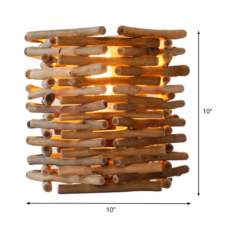 Lampada da scrivania piccola cilindrica in legno Asia con 1 lampadina, illuminazione da lavoro marrone per camera da letto, larghezza 8"/10".