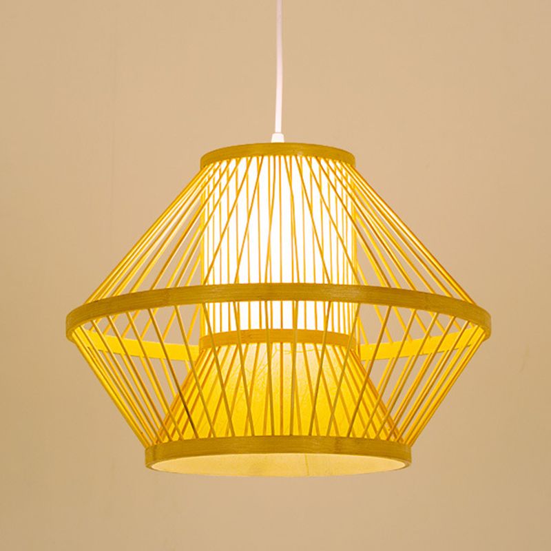 Bamboo Asia Pendant Light 1-Light Beige Geometric Hanging Ceiling Light