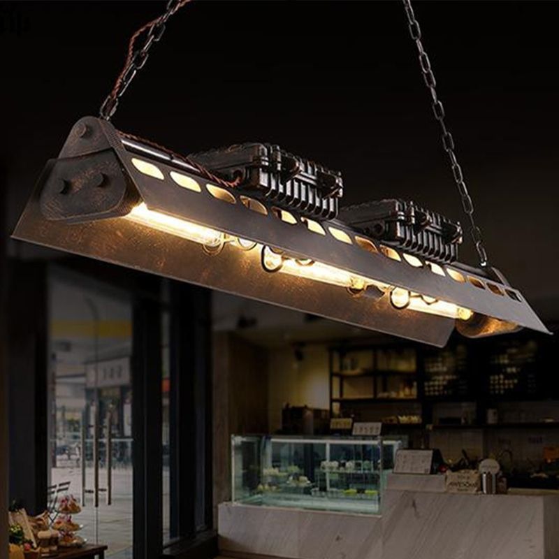 Metallic Train Shape Chandelier 3 Bulbs Industrial Creative Hanging Light in Rust for Cottage