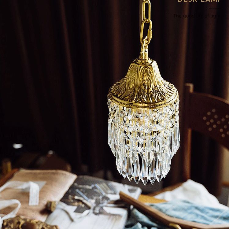 Vintage Wind Chime Crystal Pendant Lamp Golden Relief Crown Hanging Light for Bedroom