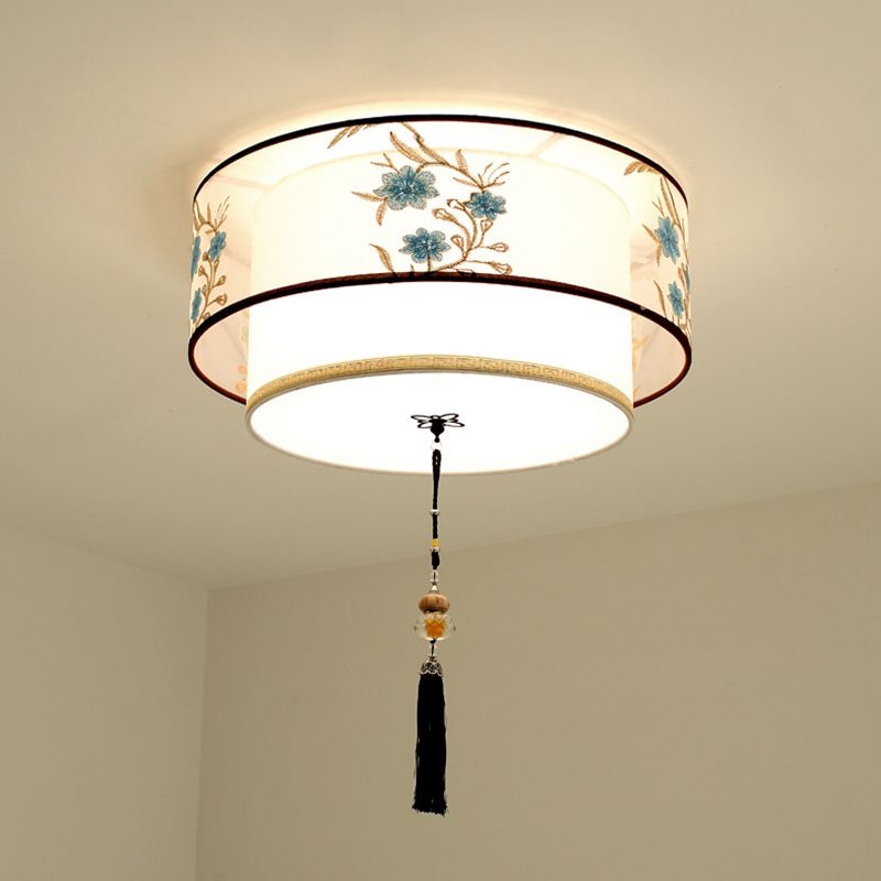Wrought Iron White Ceiling Light in Traditional Unique Style Geometric Indoor Flush Mount with Embroidered Fabric Shade