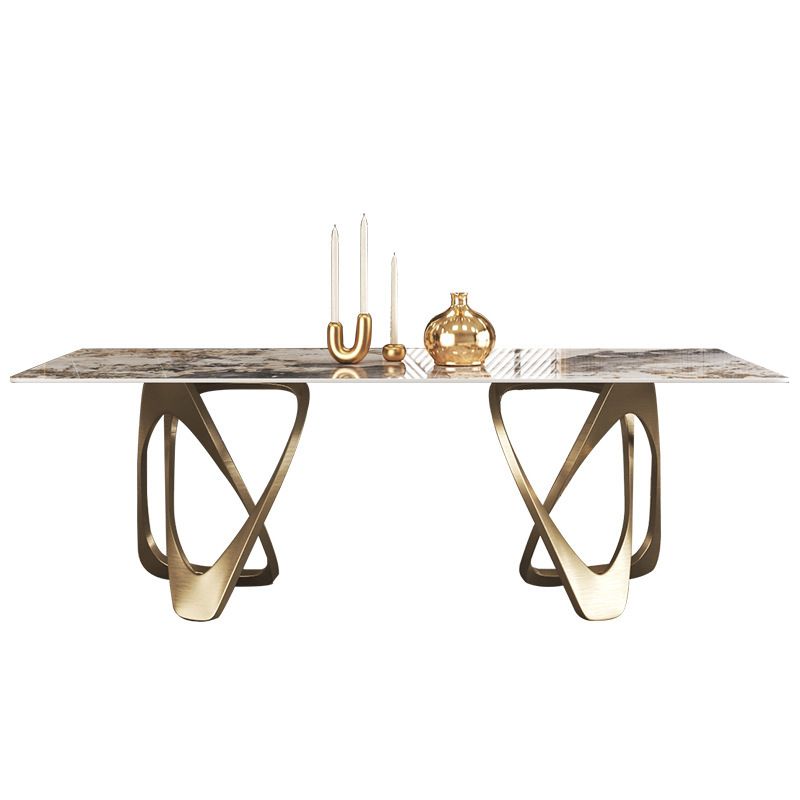 Contemporary Style Sintered Stone Kitchen Dining Set Rectangle Standard Dining with Double Pedestal