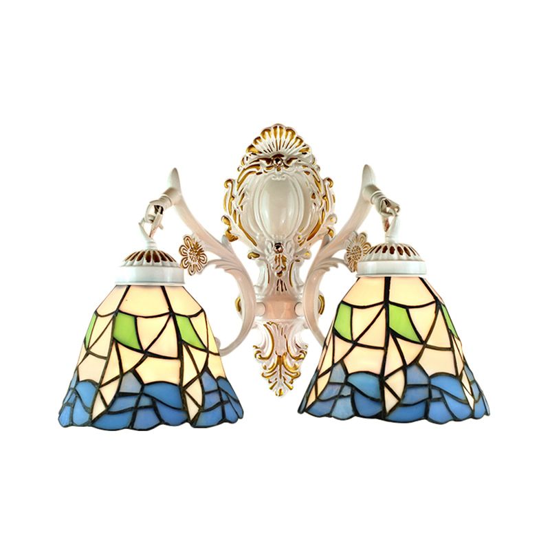 2 Lights Bell Wall Fixture Light Lodge Stained Glass Flower Wall Sconce Lighting for Bedroom Lighting