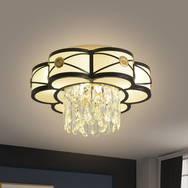 Floral Clear Crystal Draping Ceiling Lamp Contemporary 4/10 Bulbs Parlor Flushmount Light in Black, 16"/28.5" Wide