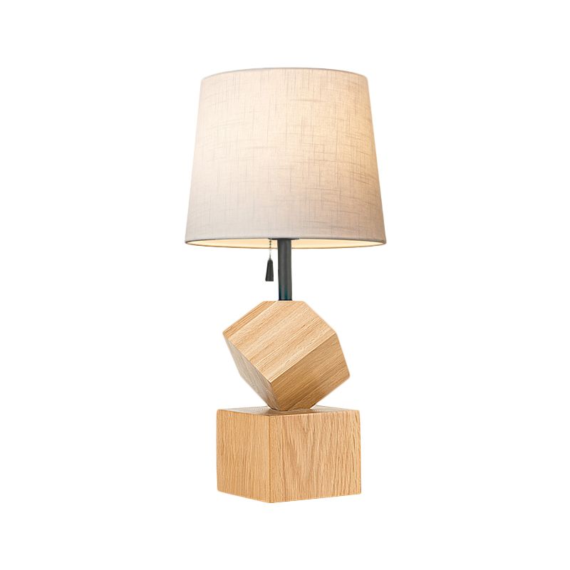 Lampada da comodino beige/barile marrone semplice 1 tavolo da notte in tessuto a testa con base cubica in legno