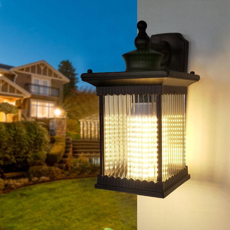Metal Black Sconce Light Cuboid 1 Light Country Wall Mounted Lamp with Clear Ribbed Glass Shade