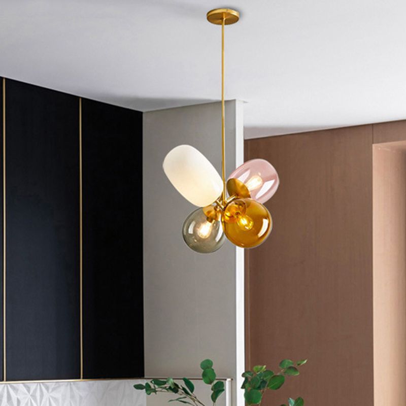 Contemporary Spherical Amber-Smoke-Pink Glass Ceiling Chandelier 4 Lights Hanging Light Kit in Brass