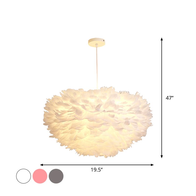 Dome Bedroom Chandelier Pendant Feather 19.5"/23.5" Wide 5 Bulbs Simple Hanging Light in Grey/White/Pink