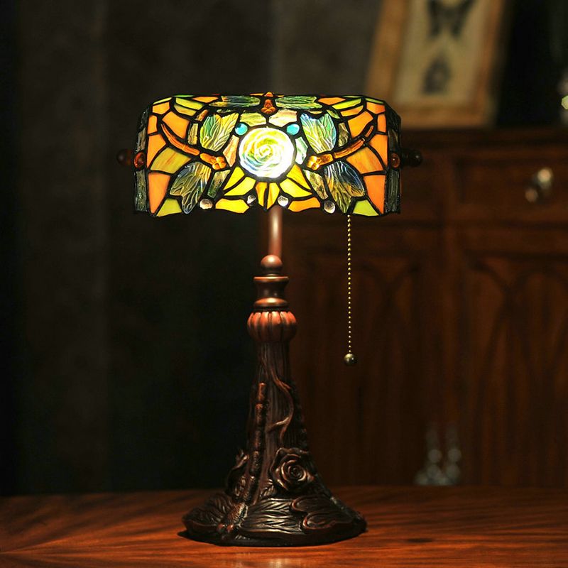 Dragonfly and Flower Cut Glass Banker Lighting Tiffany Style 1-Light Yellow Pull Chain Nightstand Lamp