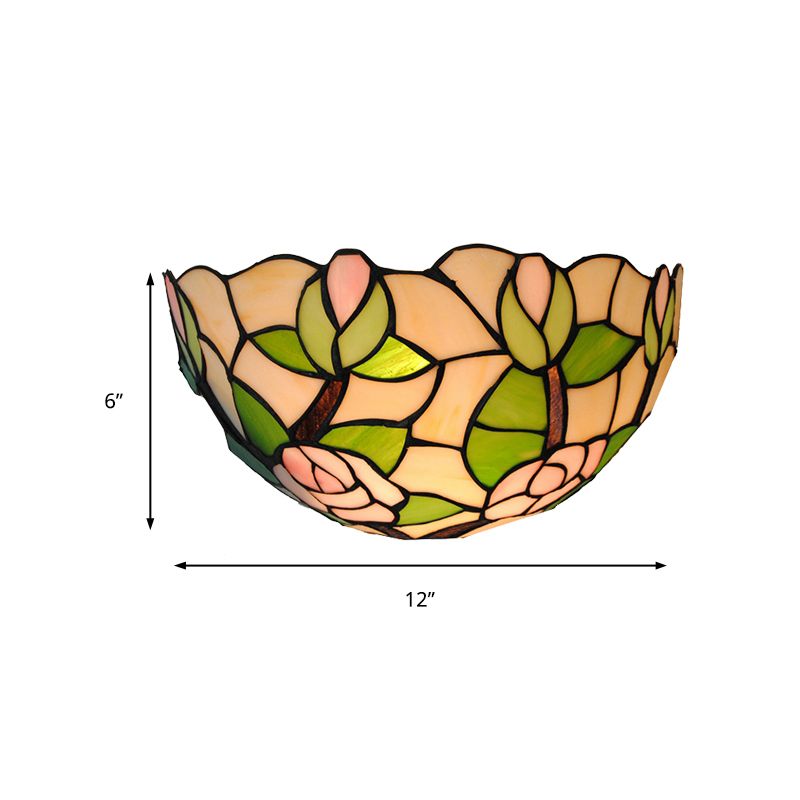 Green Bowl Wall Mount Light with Pink Rose Rustic 1 Head Stained Glass Mini Wall Lamp