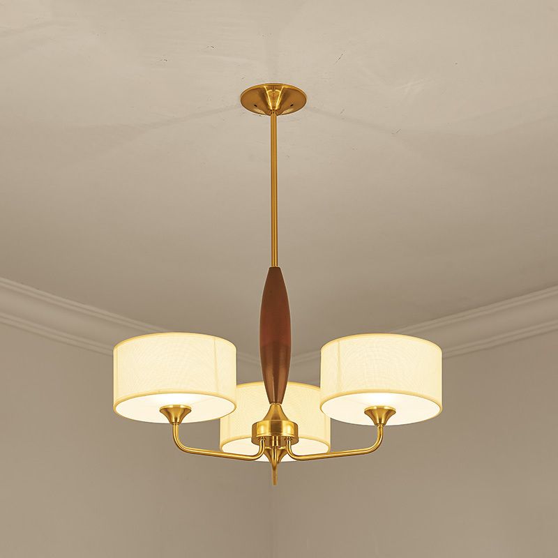 3/5-Bulb Drop Pendant Countryside Bedroom Chandelier Lamp with Drum Fabric Shade in White