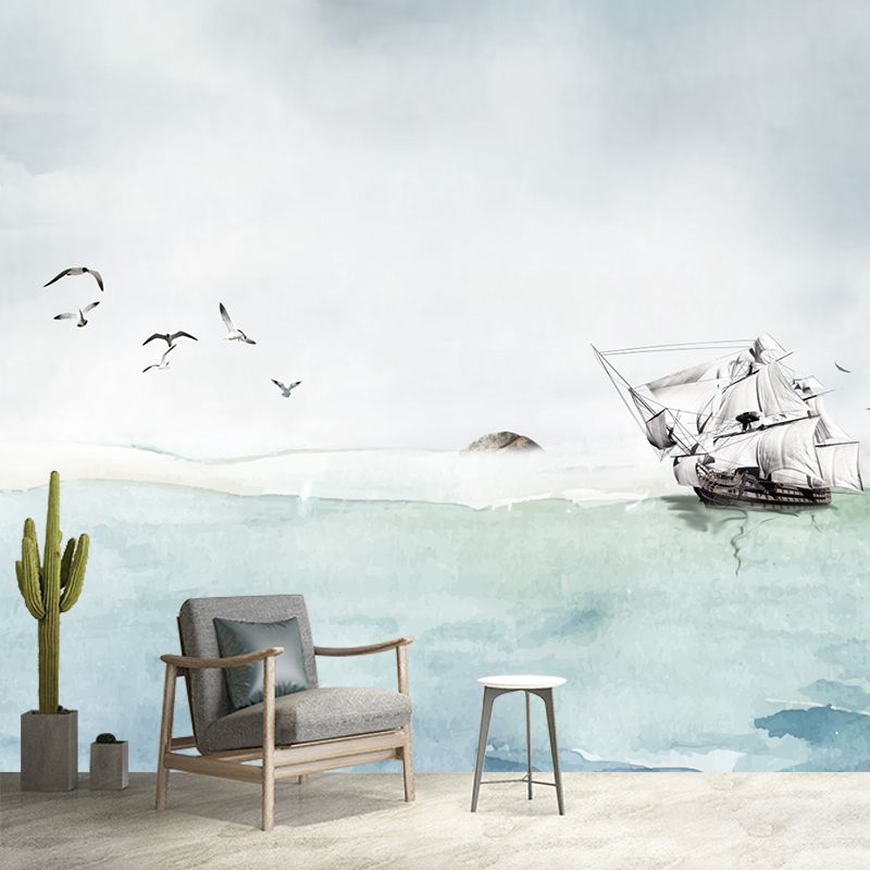 Sea Painting Sailing Vessel Mural Wallpaper Nautical Non-Woven Cloth Wall Art in Grey-Blue