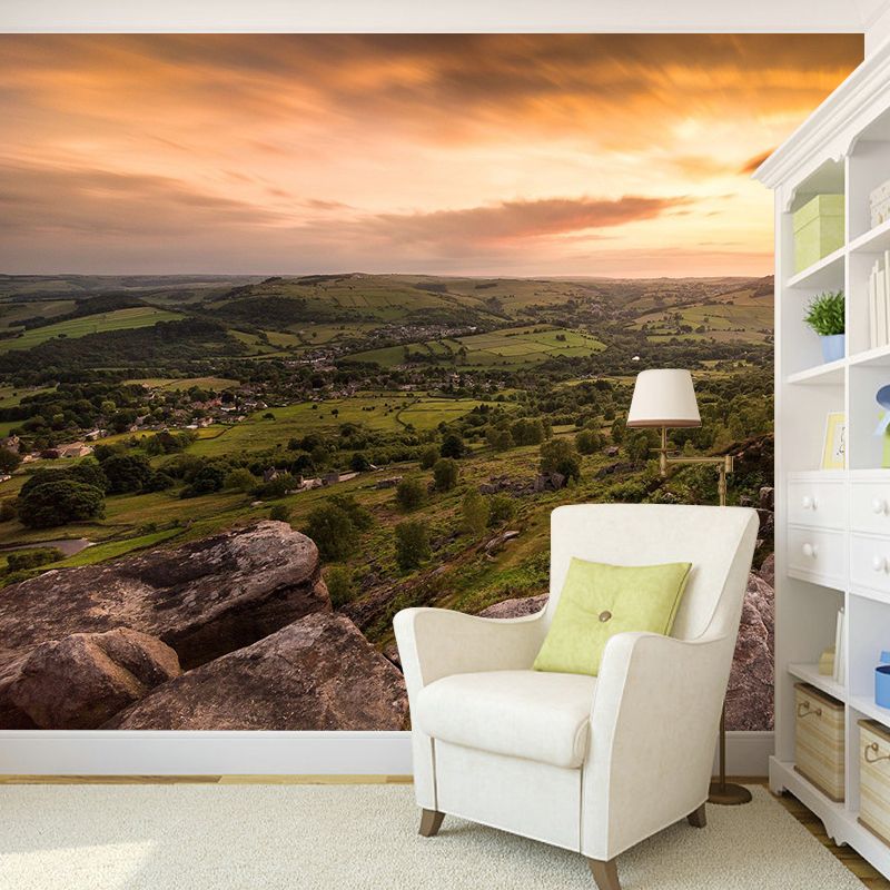 Big Modern Mural Wallpaper Brown Aerial Scenery of Village at Mountain Foot Wall Covering, Made to Measure