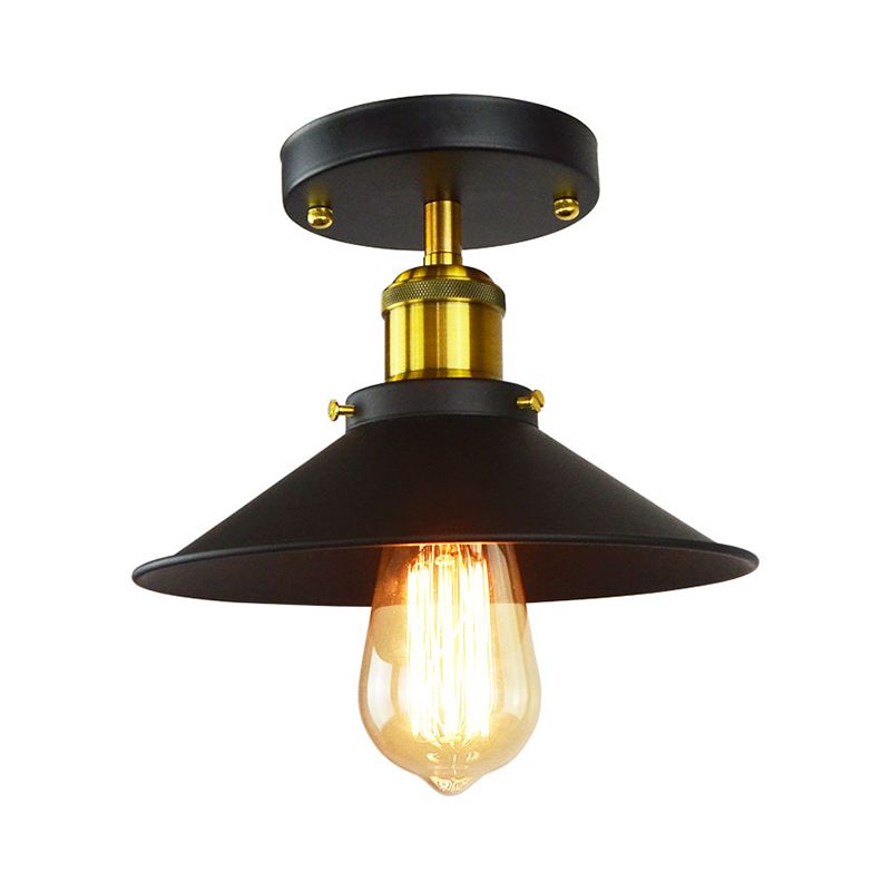 Flared Shade Foyer Semi Mount Lighting Industrial Iron 1-Light Black and Brass Close to Ceiling Lamp
