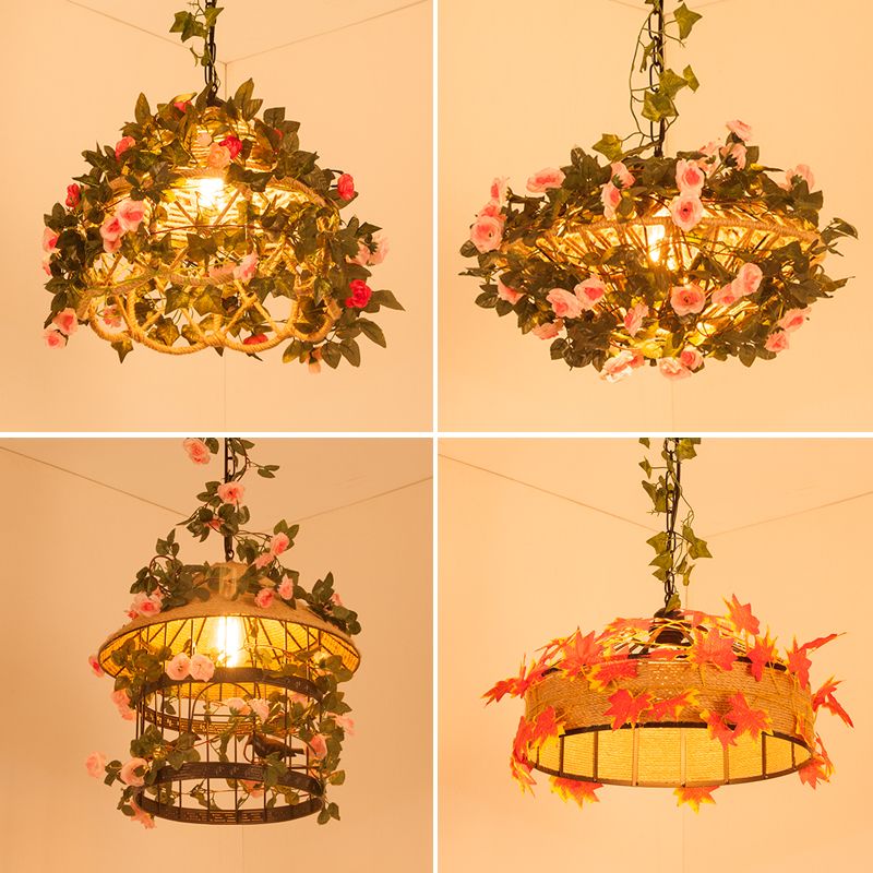 Scalloped Hemp Rope Pendant Light Antique 1-Light Restaurant Hanging Light with Decorative Rose in Green