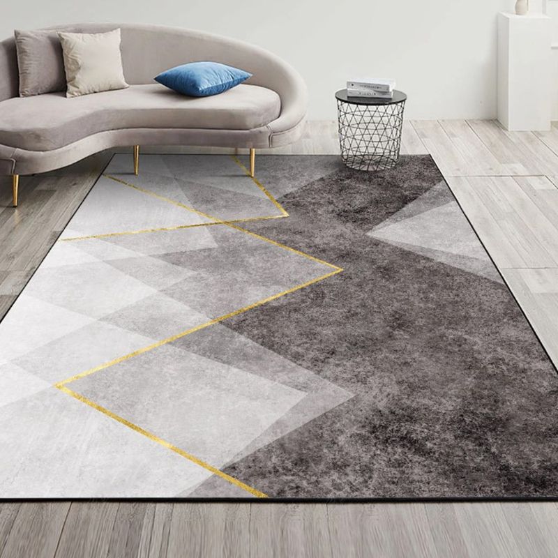 Grey Tone Geometric Lines Rug Polyester Carpet Relaxing Anti-Slip Backing Indoor Rug for Living Room
