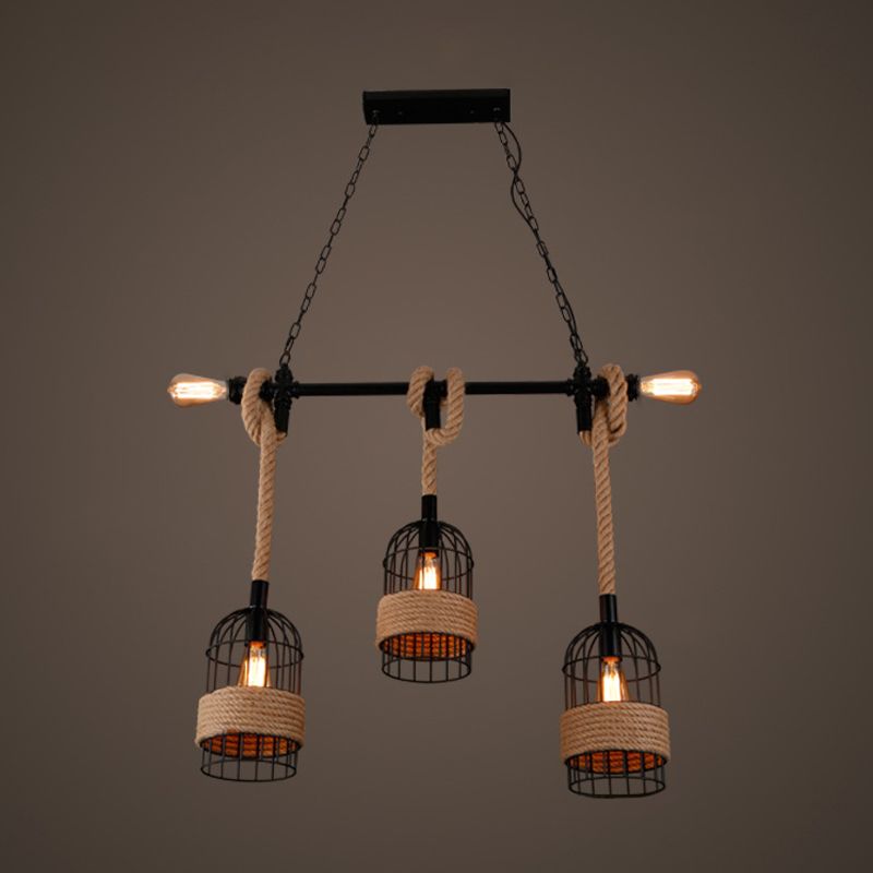 Beige Geometry Hanging Island Light Farmhouse Metal 3 Heads Dining Room Rope Pendant Lamp