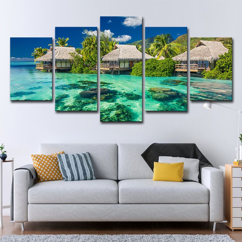 Tropical Resort Seascape Art Print Aqua Living Room Wall Decoration, Multi-Piece