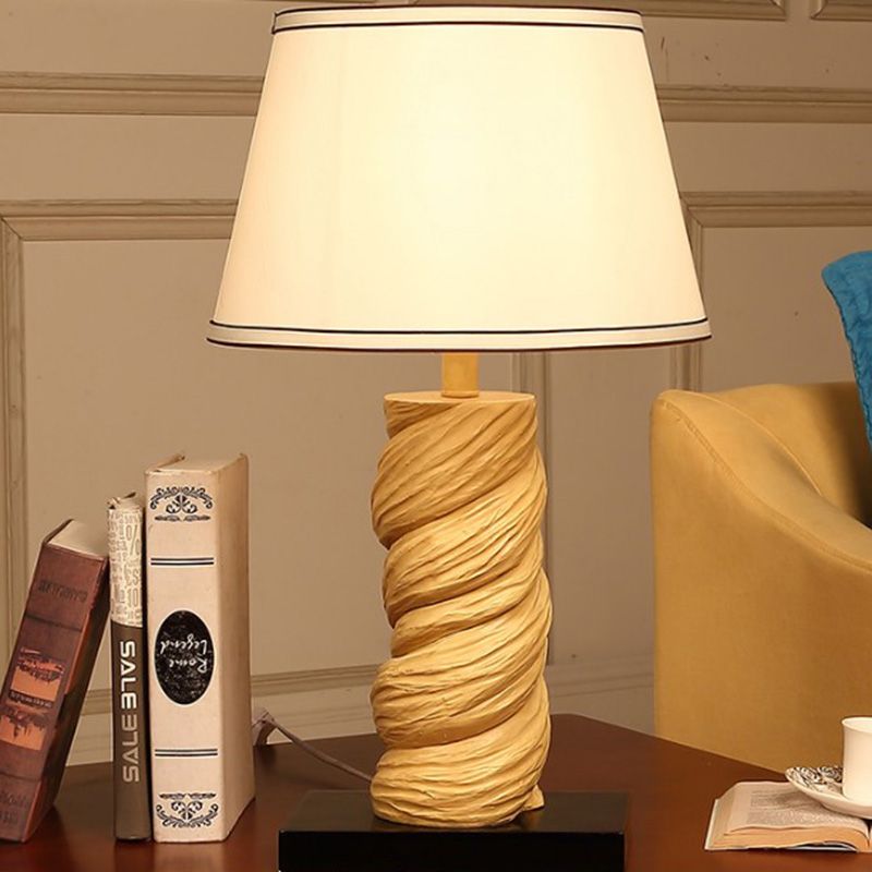 Conic Fabric Night Table Lighting Traditional 1-Light Bedroom Desk Light in White/Brown with Resin Twisted Column