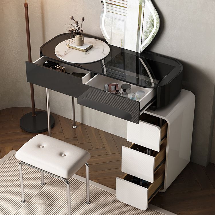 Modern Black Vanity Desk Glass Top Dressing Table with Lighted Mirror & Padded Stool