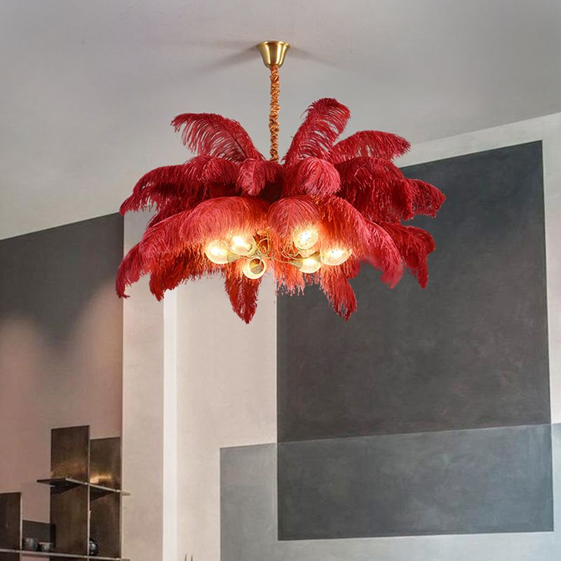 Ostrich Feather Ceiling Chandelier Modern Nordic Creative 6 Light Hanging Ceiling Light for Bedroom