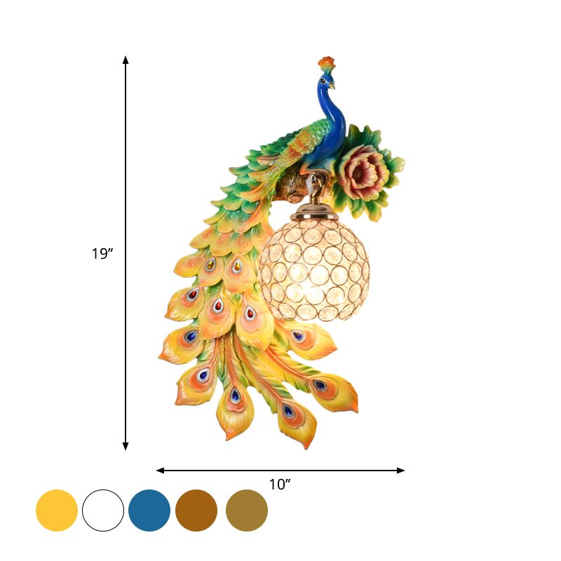 Lampada da parete di fiore in resina e pavone Warehouse a 1 testa Apparecchiatura a parete a parete con tonalità di cristallo K9 in chiaro in bianco/giallo/arancione, sinistra/destra