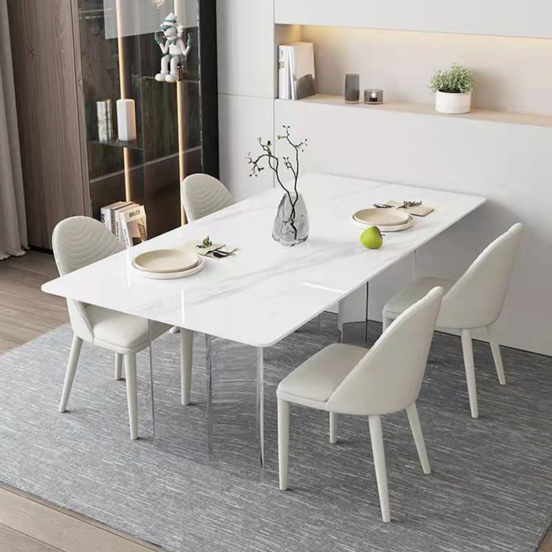 Modern White Dining Room Table Rectangle Acrylic and Stone Double Pedestal Table