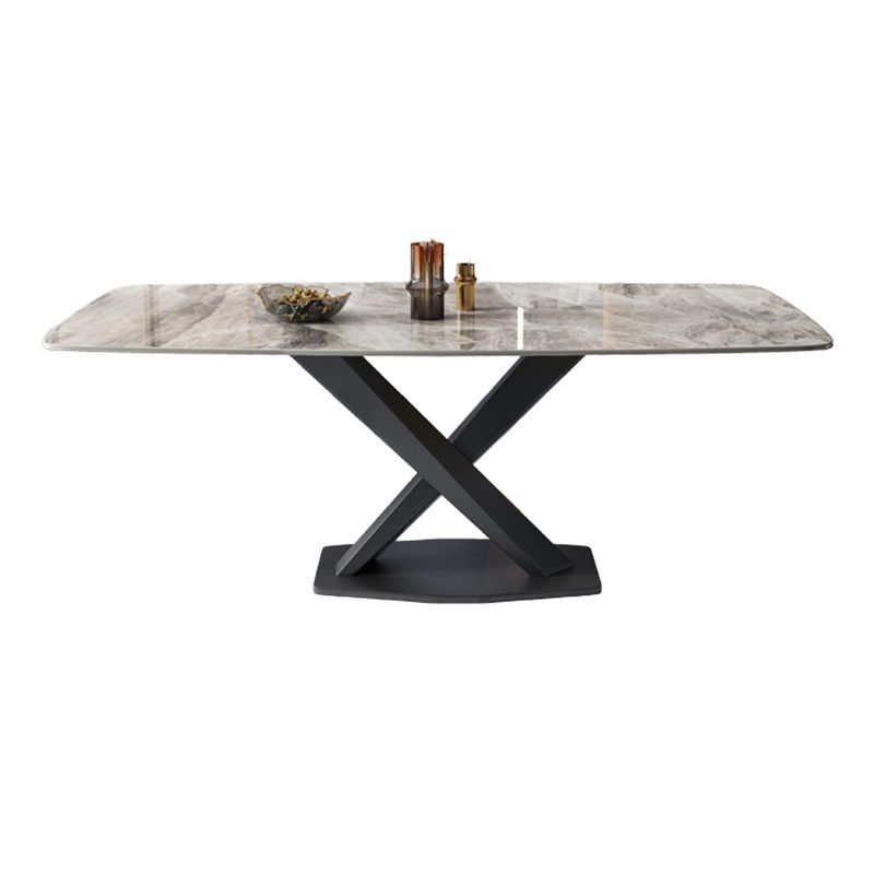 Modern Rectangular Grey Stone Top Dining Table with Black Pedestal