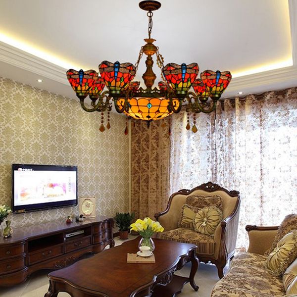 Stained Glass Bowl-Shaped Hanging Light Rustic 9 Lights Chandelier with Crystal in Multicolor for Bedroom