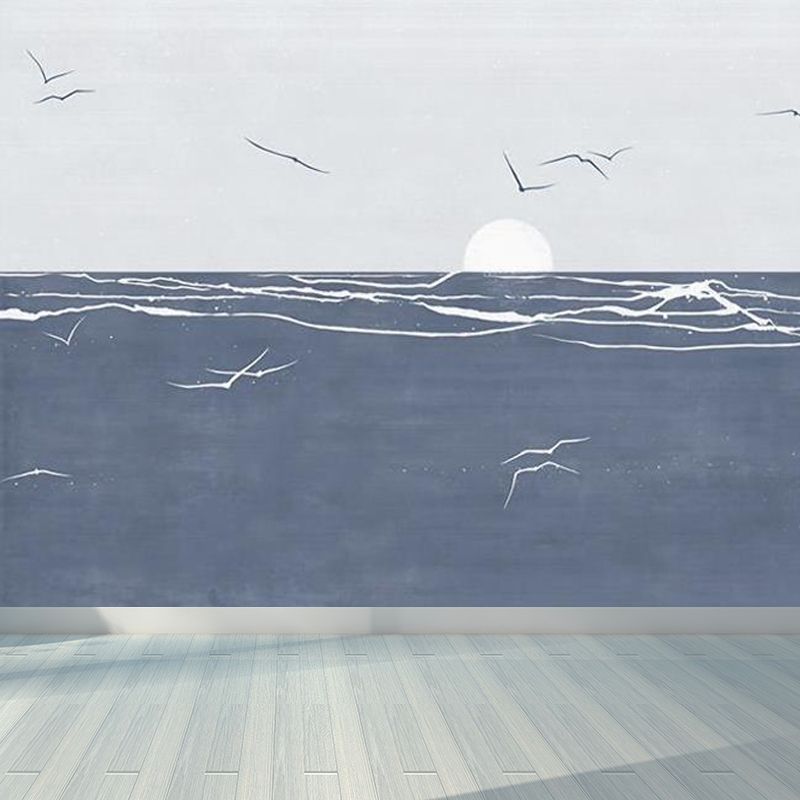 Tropical Ocean Seagulls Scenery Mural Blue Stain Resistant Wall Covering for Bedroom