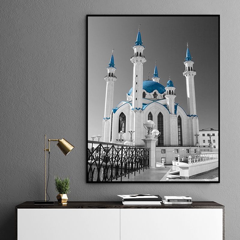 Global Inspired Castle Wall Art Canvas Textured Blue Wall Decor for Sitting Room