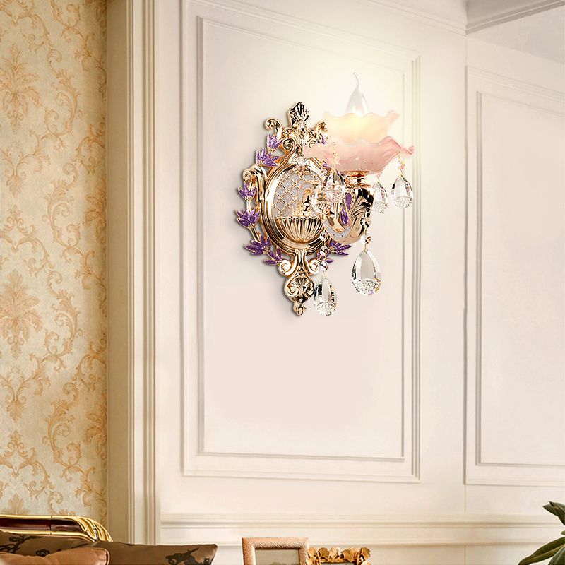 Gold Floral Ruffle Wall Lamp Retro Pink Glass Living Room Wall Light Fixture with Hanging Crystal
