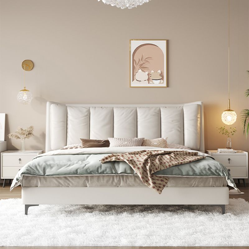 Modern White Panel Bed Wood and Upholstered Bed Frame, 42.5" Tall