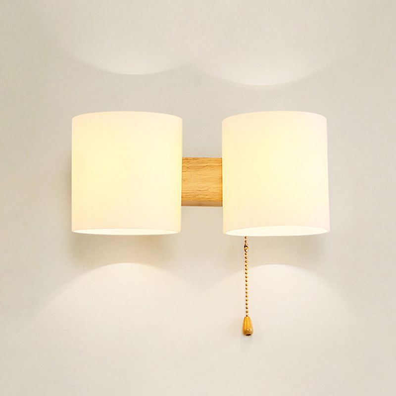 Opaline Glass Cylinder Wall Mount Lamp Modern 2 Lights Beige Wall Lighting Ideas with Pull Chain