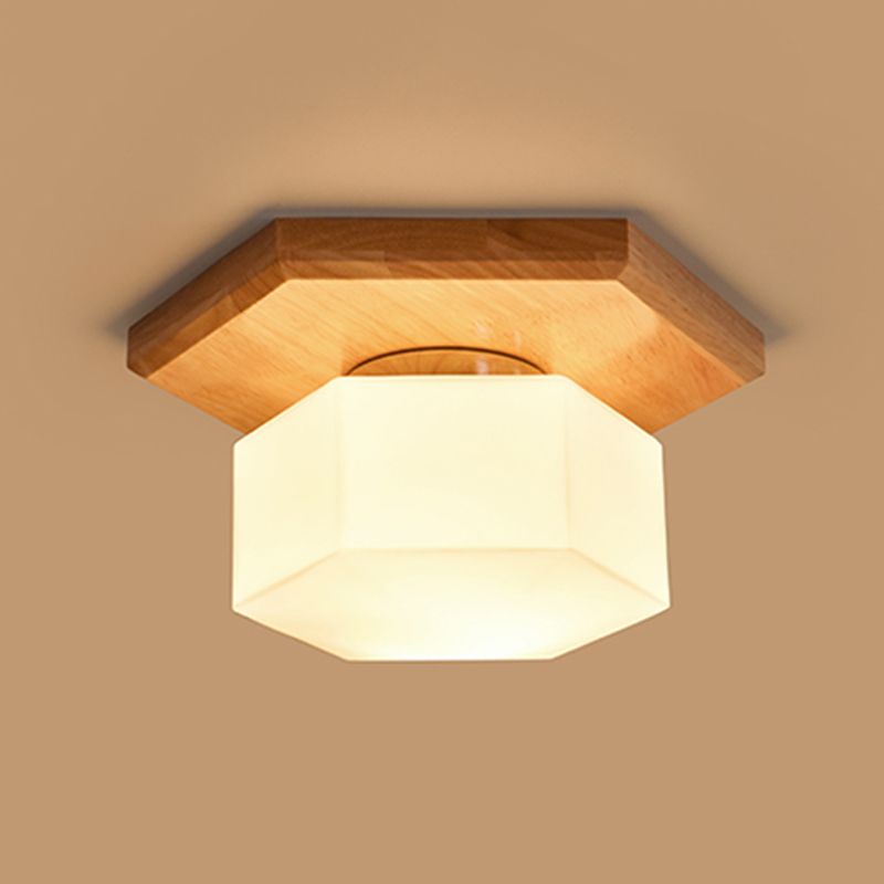 Cream Glass Hexagon Flush Ceiling Light Nordic 1 Light Flushmount Lighting with Wood Canopy