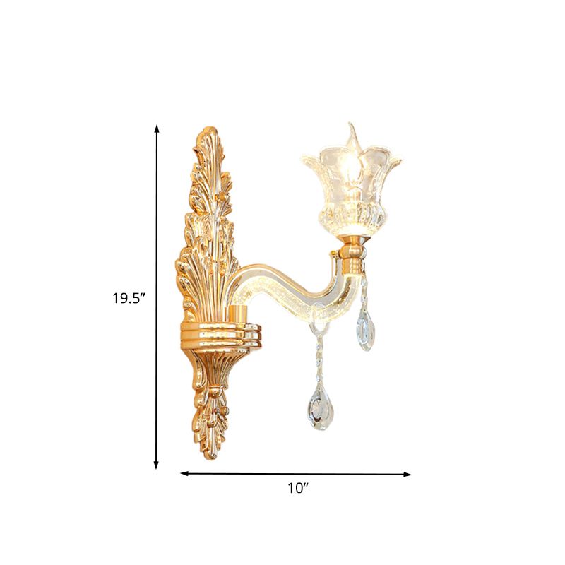 Clear Glass Gold Sconce Light Flower 1/2-Bulb Traditional Wall Mounted Lamp with Bubble Crystal Luminous Arm