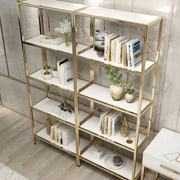 Scandinavian Open Etagere Bookshelf with Gold Iron Frame White Manufactured Wood Shelf