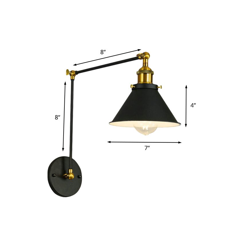 Cone Metal Sconce Vintage 1 Bulb Restaurant Wall Lighting Fixture in Black with Swing Arm