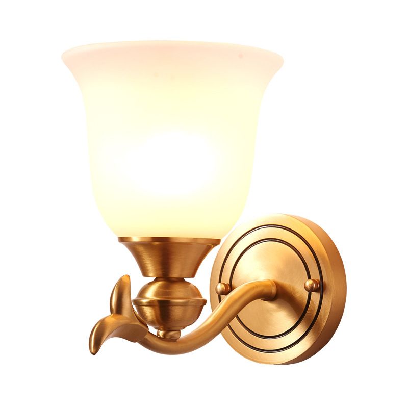 Brass Finish 1/2-Head Wall Lamp Modern Stylish White Glass Flared Shade Wall Sconce Fixture for Bedroom