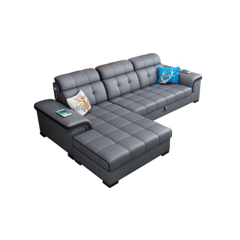 Sewn Pillow Back Sectional Convertible Grey Sofa Bed with Adjustable Headrest