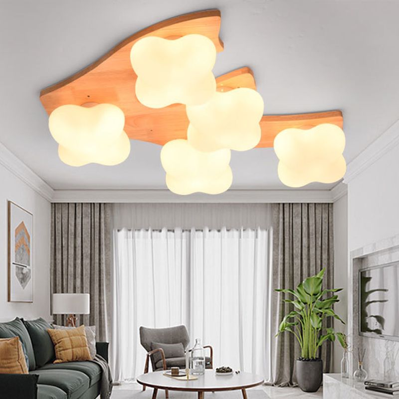 Creative Wooden Flush Mount Ceiling Light Frosted Glass Ceiling Mounted Fixture for Living Room