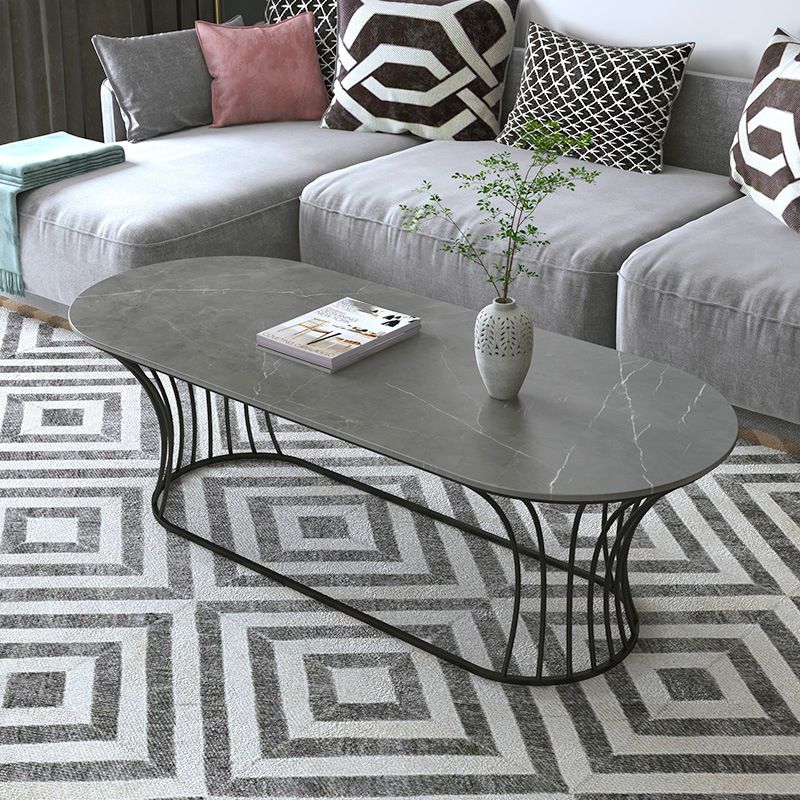Glam Oval Slate Coffee Table with Iron Frame and Stone Top Cocktail Table