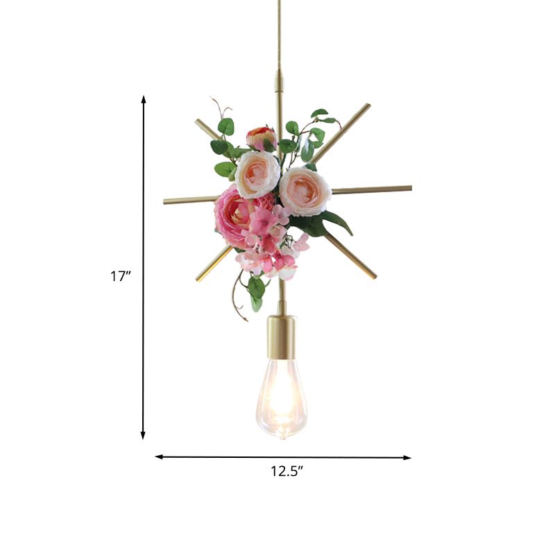 Metal Gold Ceiling Pendant Artificial Flower 1 Head Industrial Hanging Light Fixture with Triangle/Square/Linear Frame