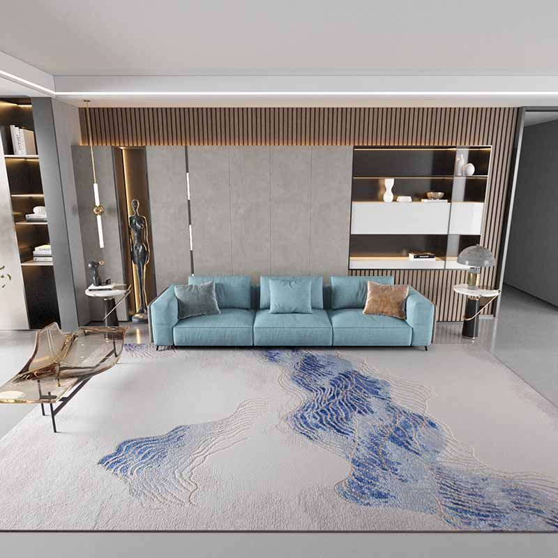 Blue Modern Area Rug Abstract Pattern Polyester Area Carpet Easy Care Washable Rug for Home Decor
